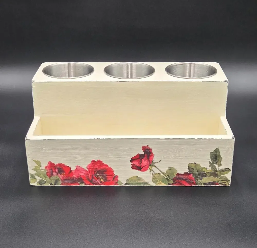 Cream Floral Wooden Desk Organizer – 3 Metal Cups & Front Storage Slot